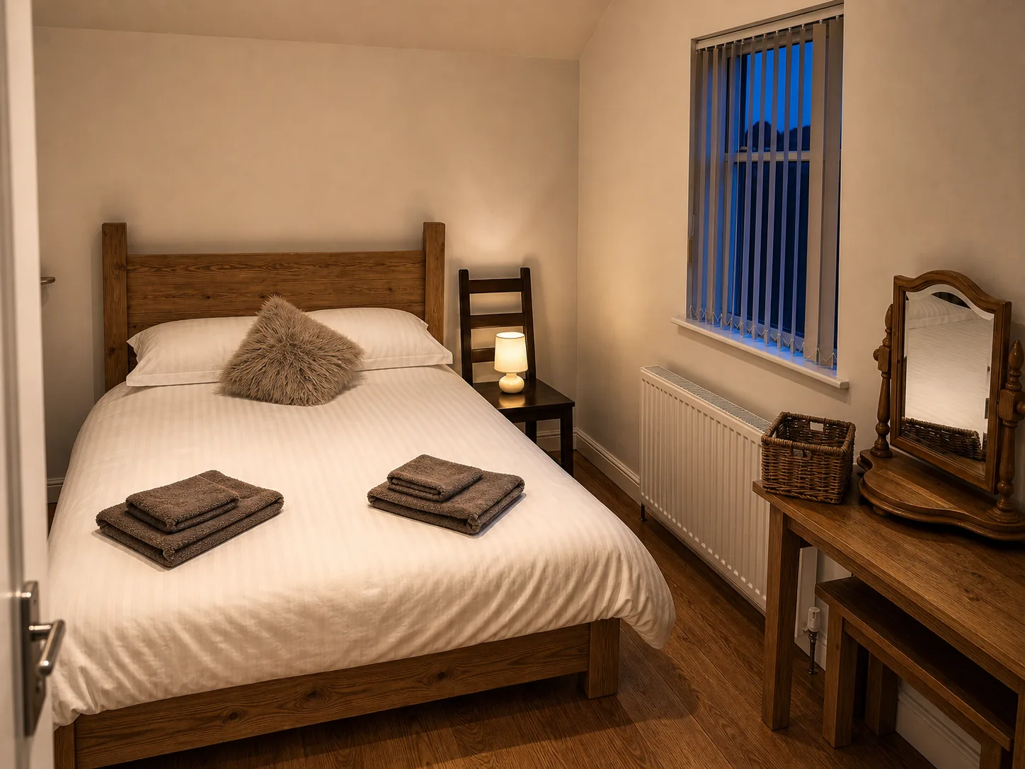 Guest room with wooden bed and warm lighting